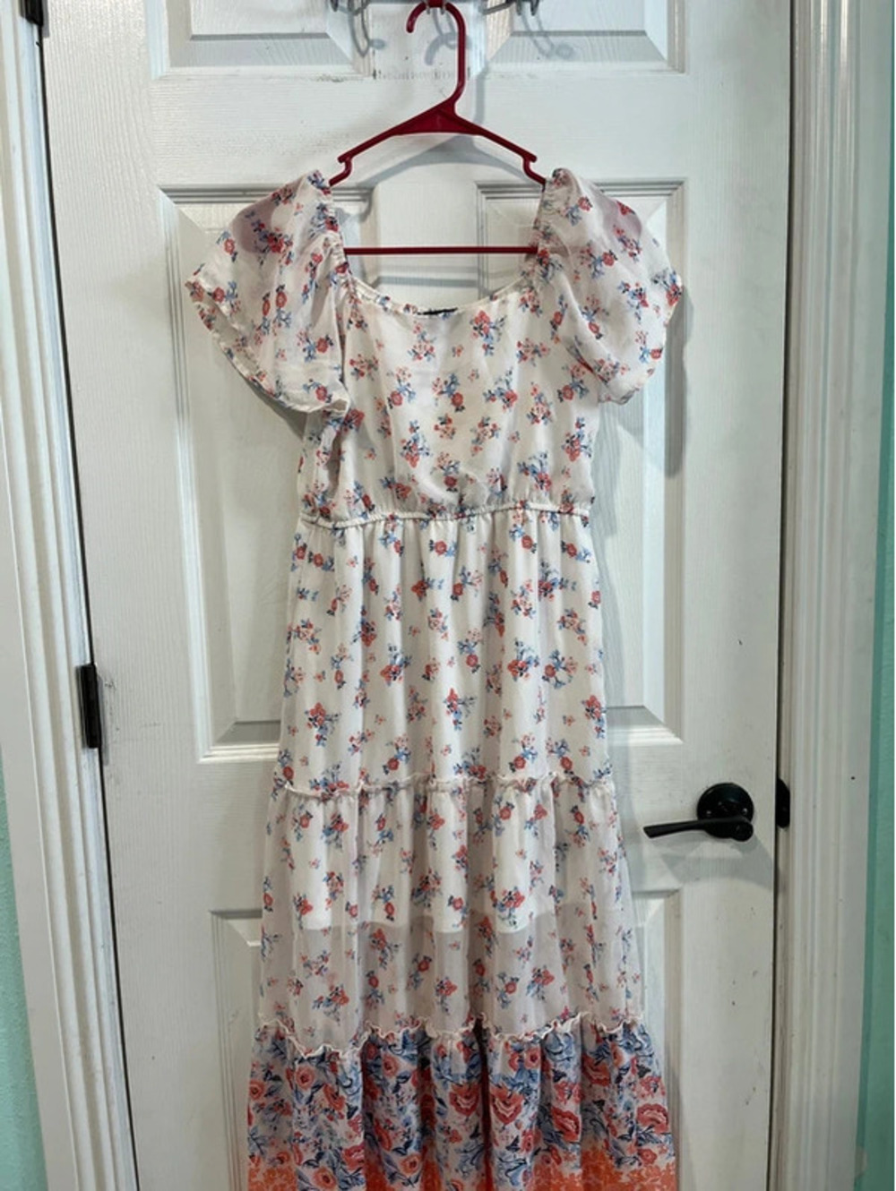 Girls size 14 white long maxi dress with Blue red flowy dress